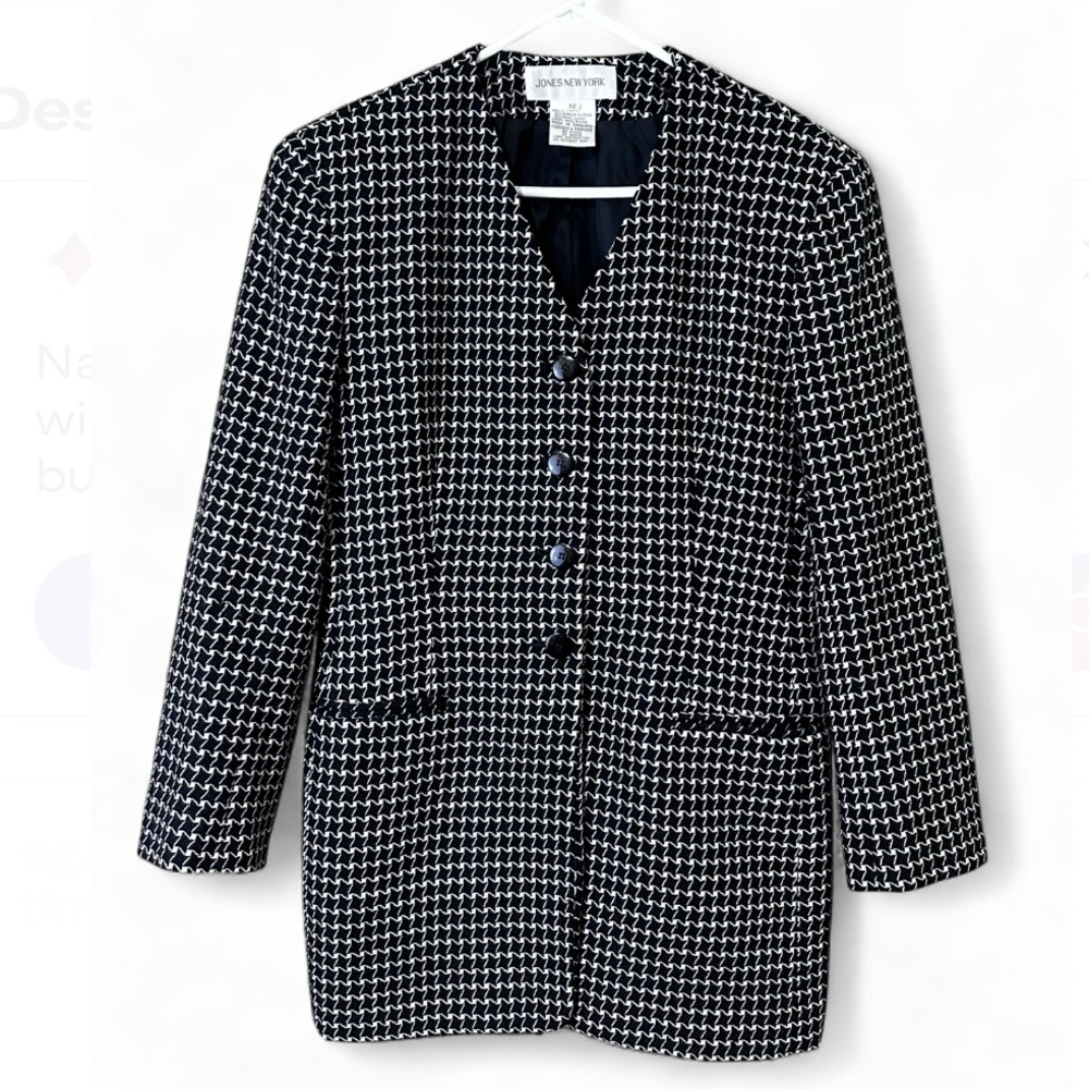 Jones‎ New York Black & White Houndstooth Blazer SHELL 60% ALPACA 40% WOOL sz 12
